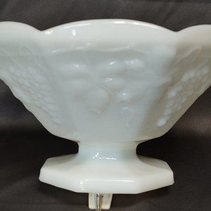 Vintage Anchor Hocking White Milk Glass Bowl on Pedestal w/Grapes Pattern